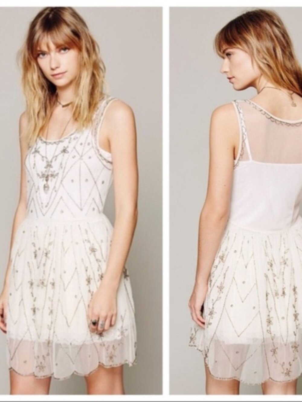 Free People Ivory Star Embellished Beads Mesh Sheer Fairy Mini Slip Dress Tunic